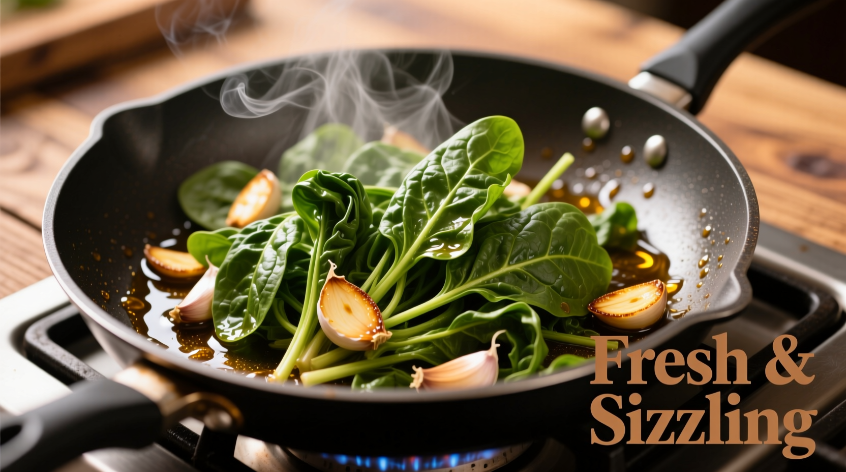 Fresh spinach wilting in a hot skillet with garlic