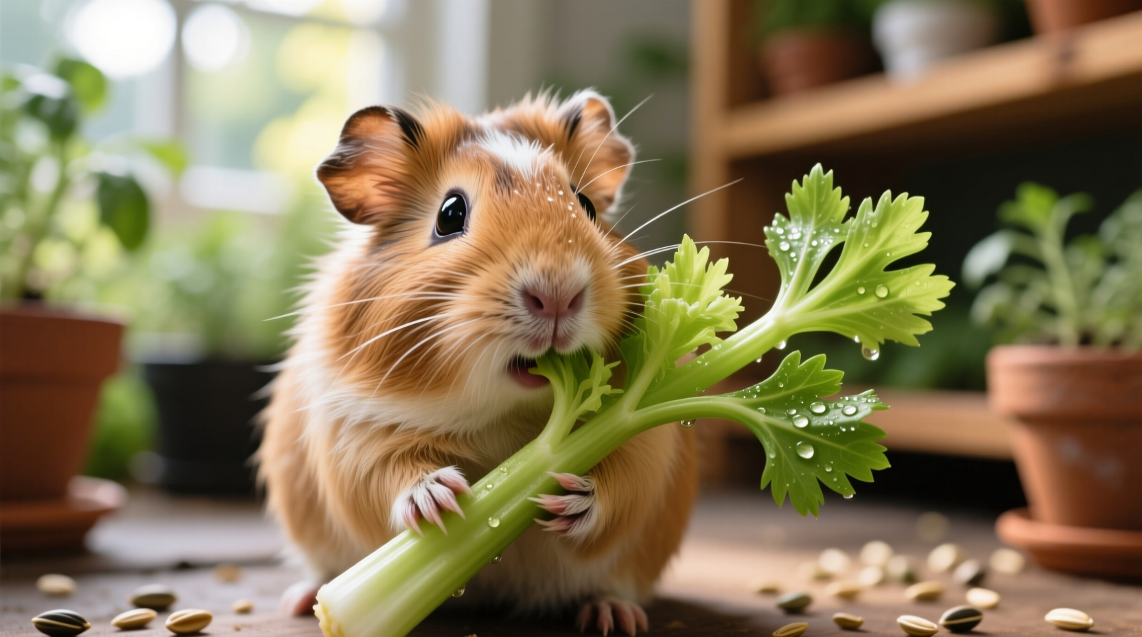 Guinea pig nibbling on celery leaves