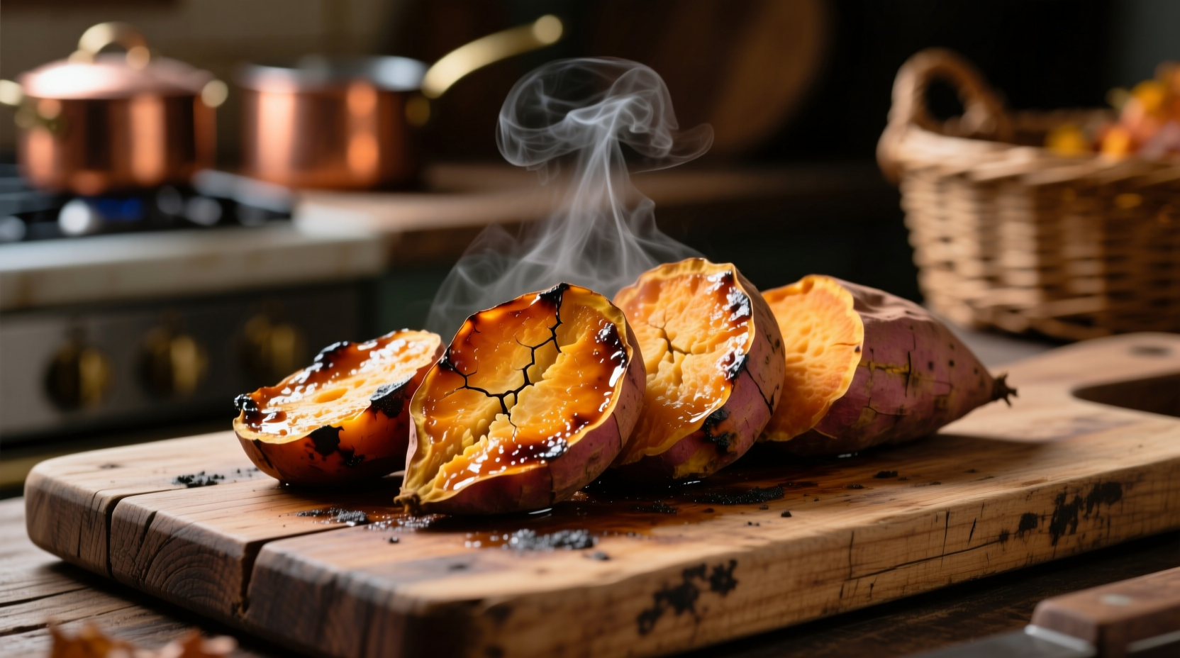 Close-up of roasted sweet potato slices on wooden board
