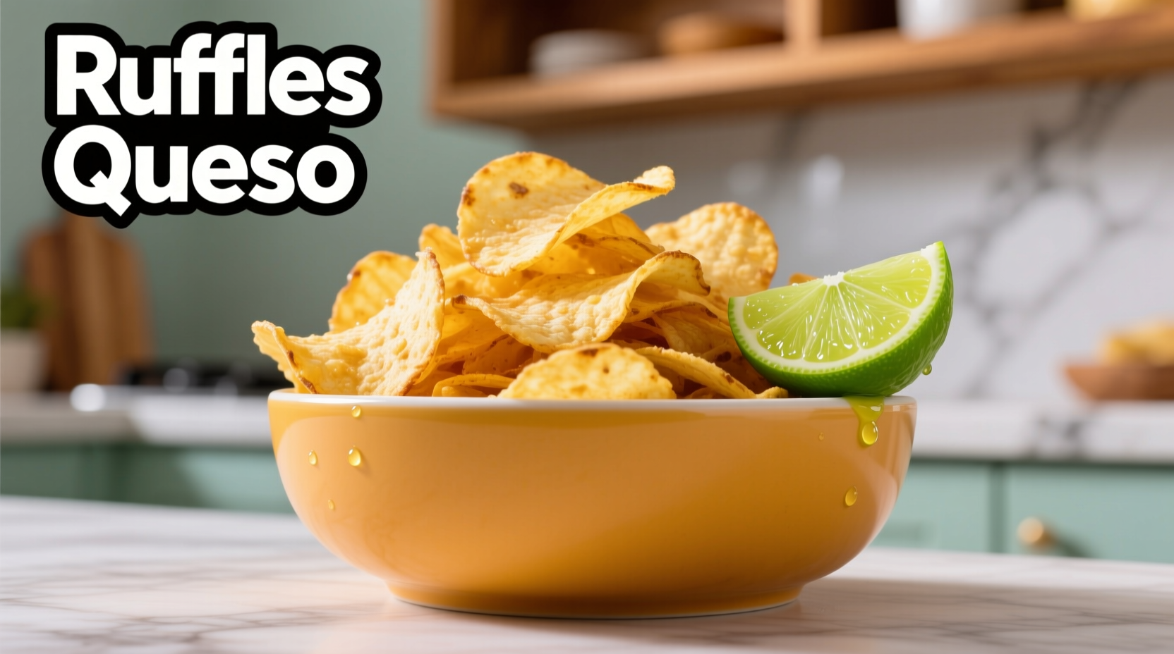 Ruffles Queso potato chips in bowl with lime wedge