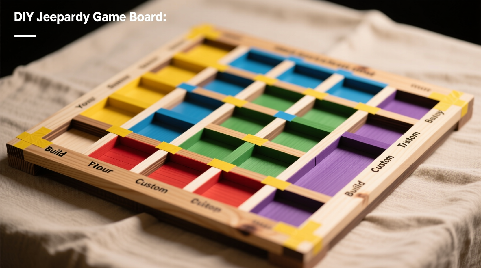 Reclaimed wood Jeopardy board showing sanded surface with taped category slots