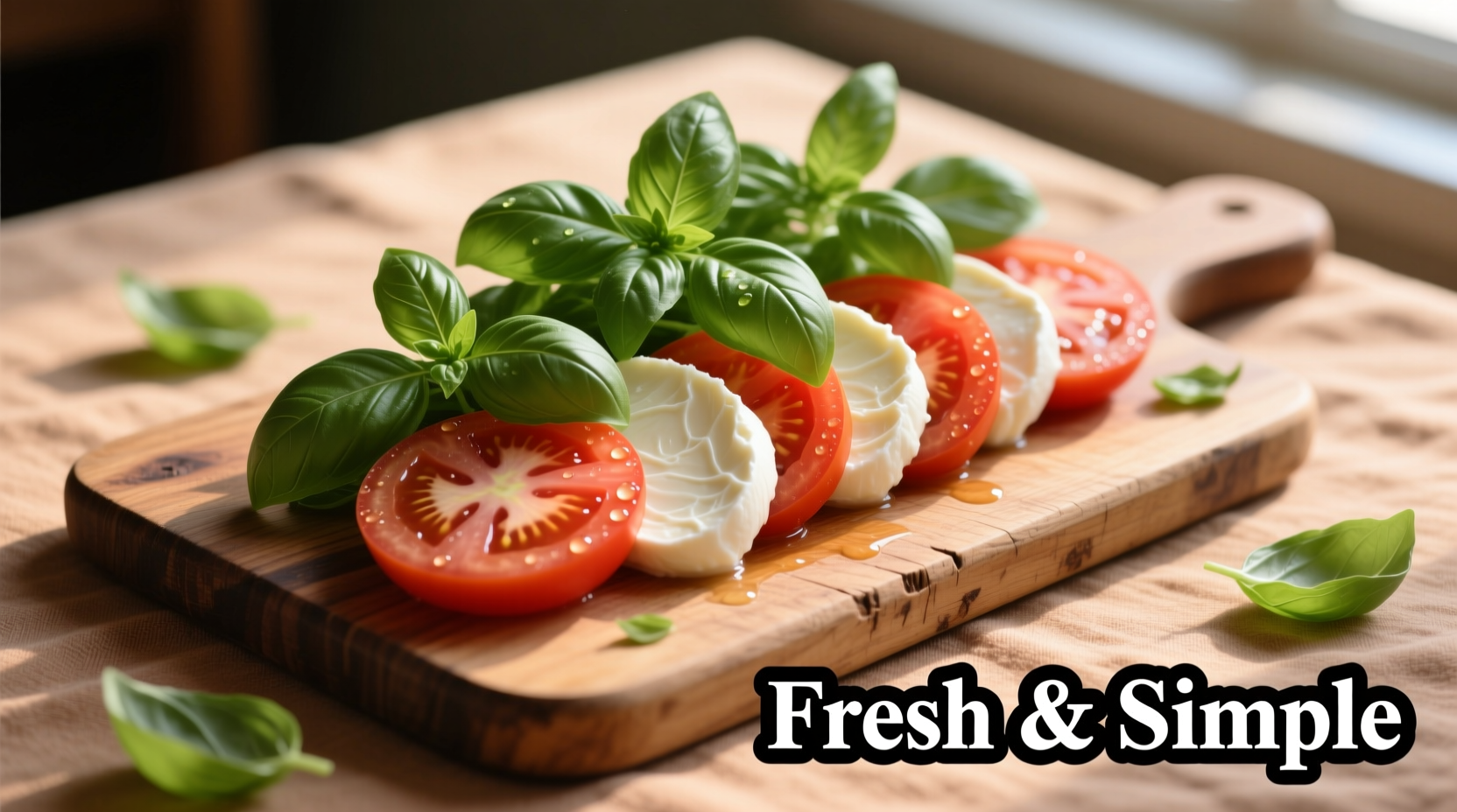 Fresh basil leaves on sliced tomatoes and mozzarella