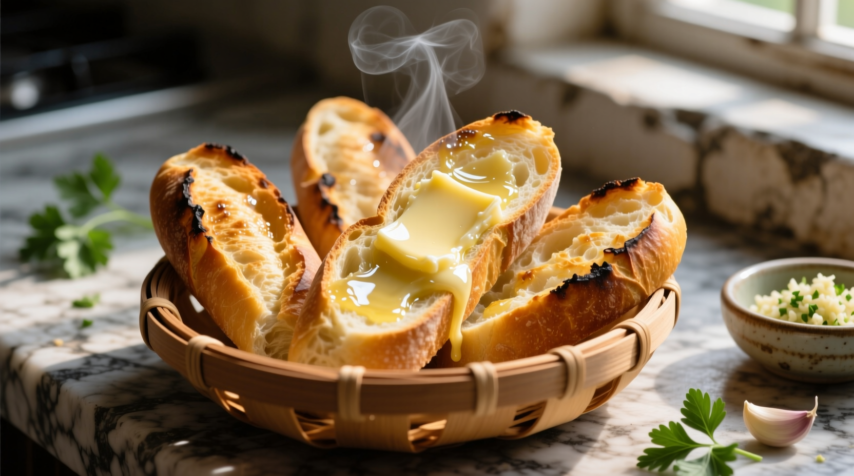 Golden baguette slices with melted garlic butter
