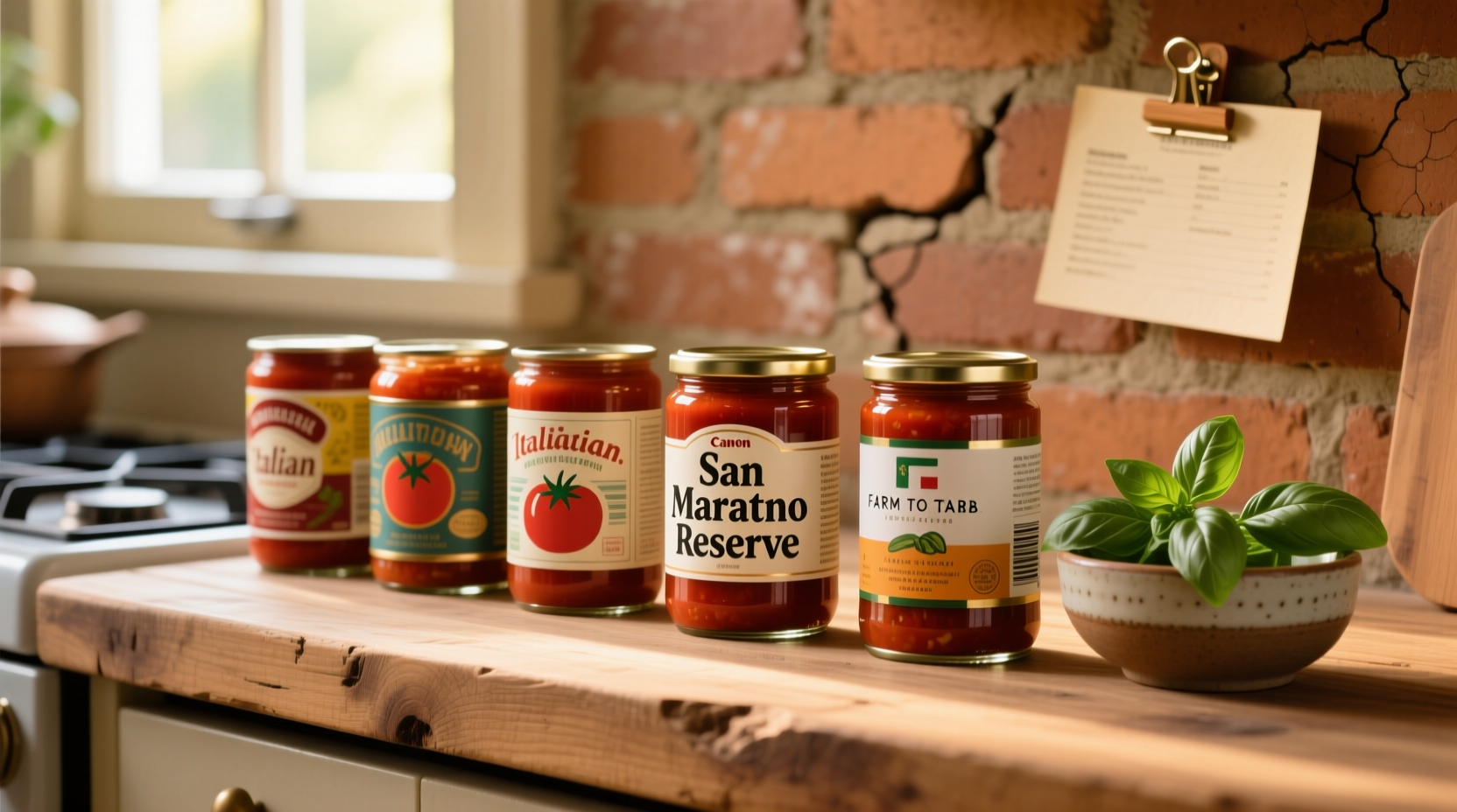 Canned tomato sauce varieties on kitchen counter