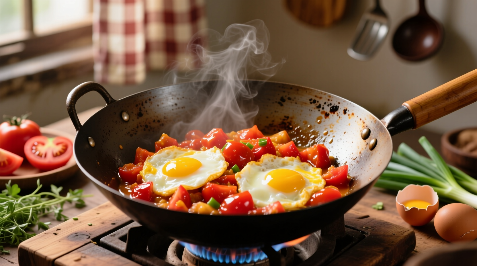 Perfectly cooked tomato egg stir fry in wok