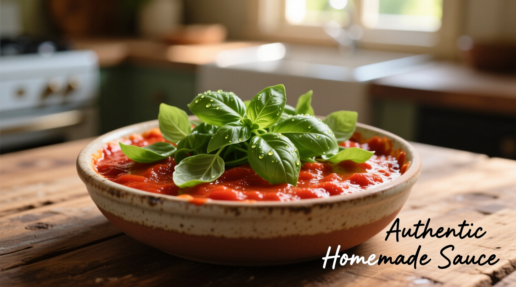 Homemade tomato paste pizza sauce in bowl with fresh basil