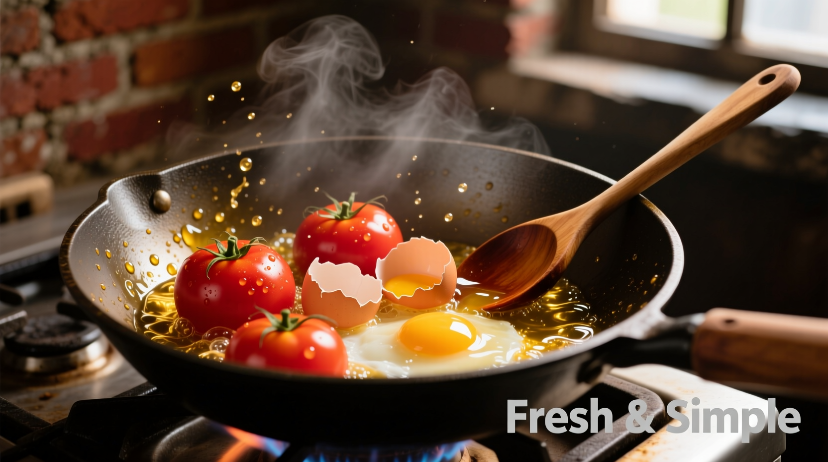 Fresh tomatoes and eggs in a wok