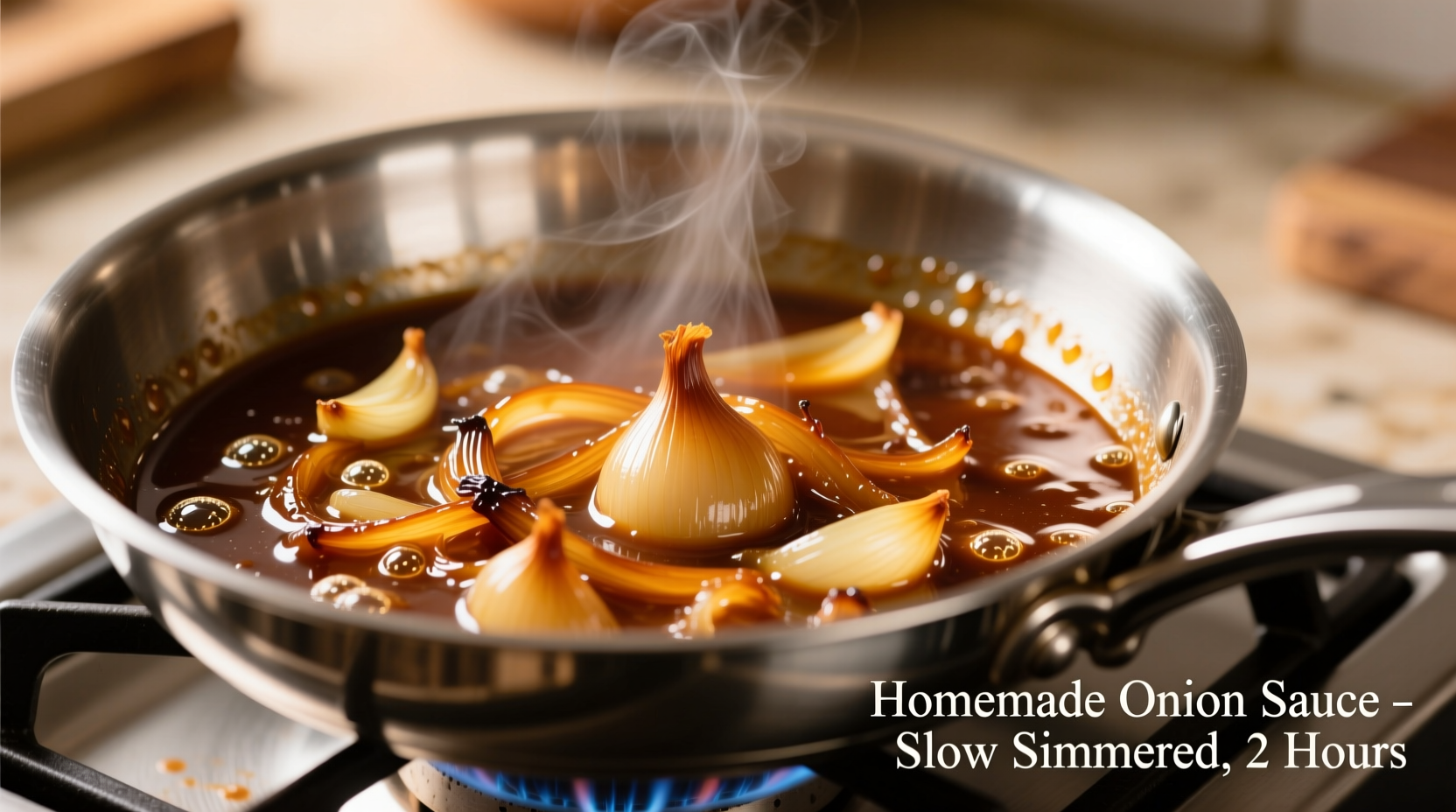 Homemade onion sauce simmering in stainless steel pan