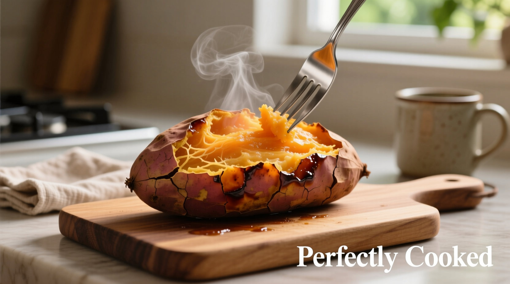 Perfectly cooked microwaved sweet potato with fork