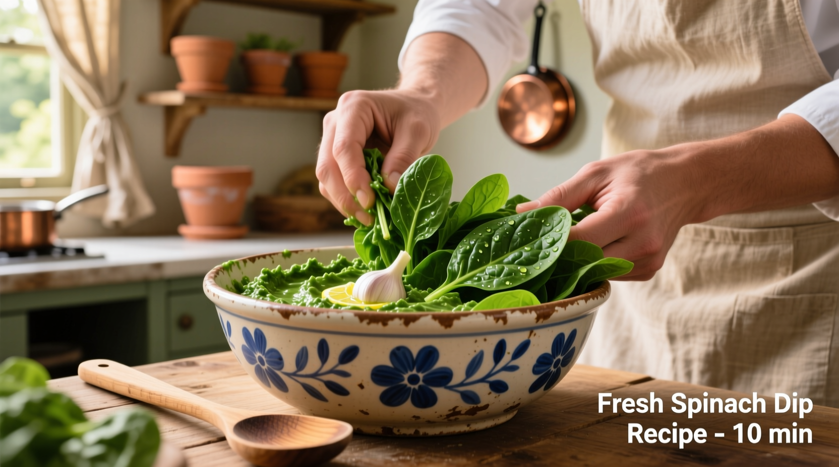 Chef preparing vibrant green spinach dip in ceramic bowl