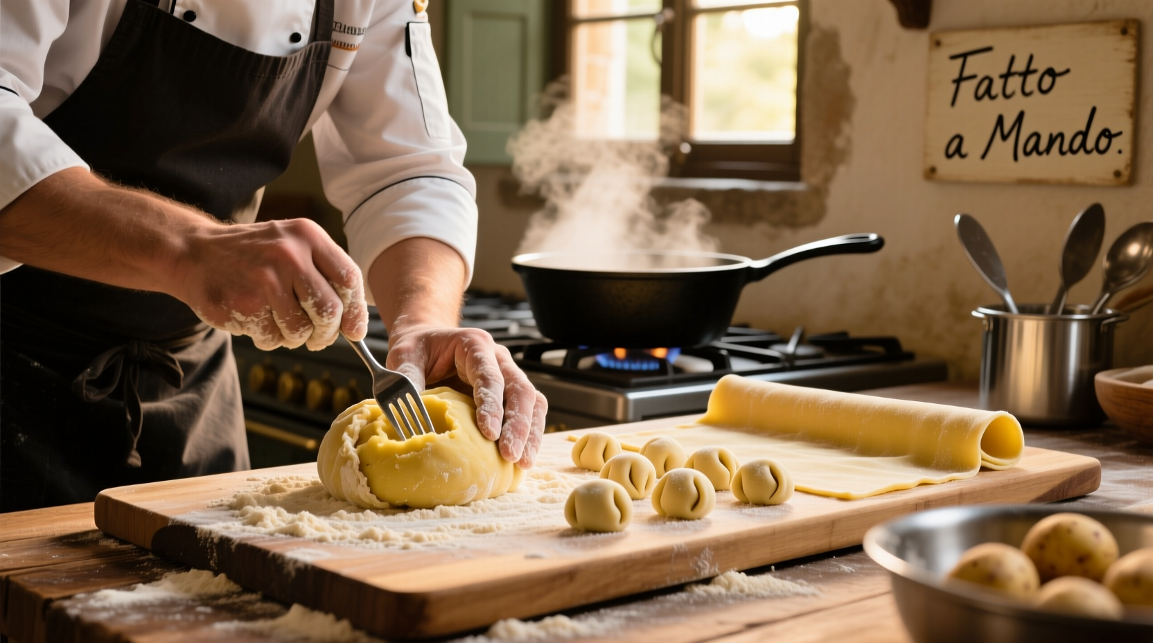 Chef preparing potato gnocchi with fresh pasta