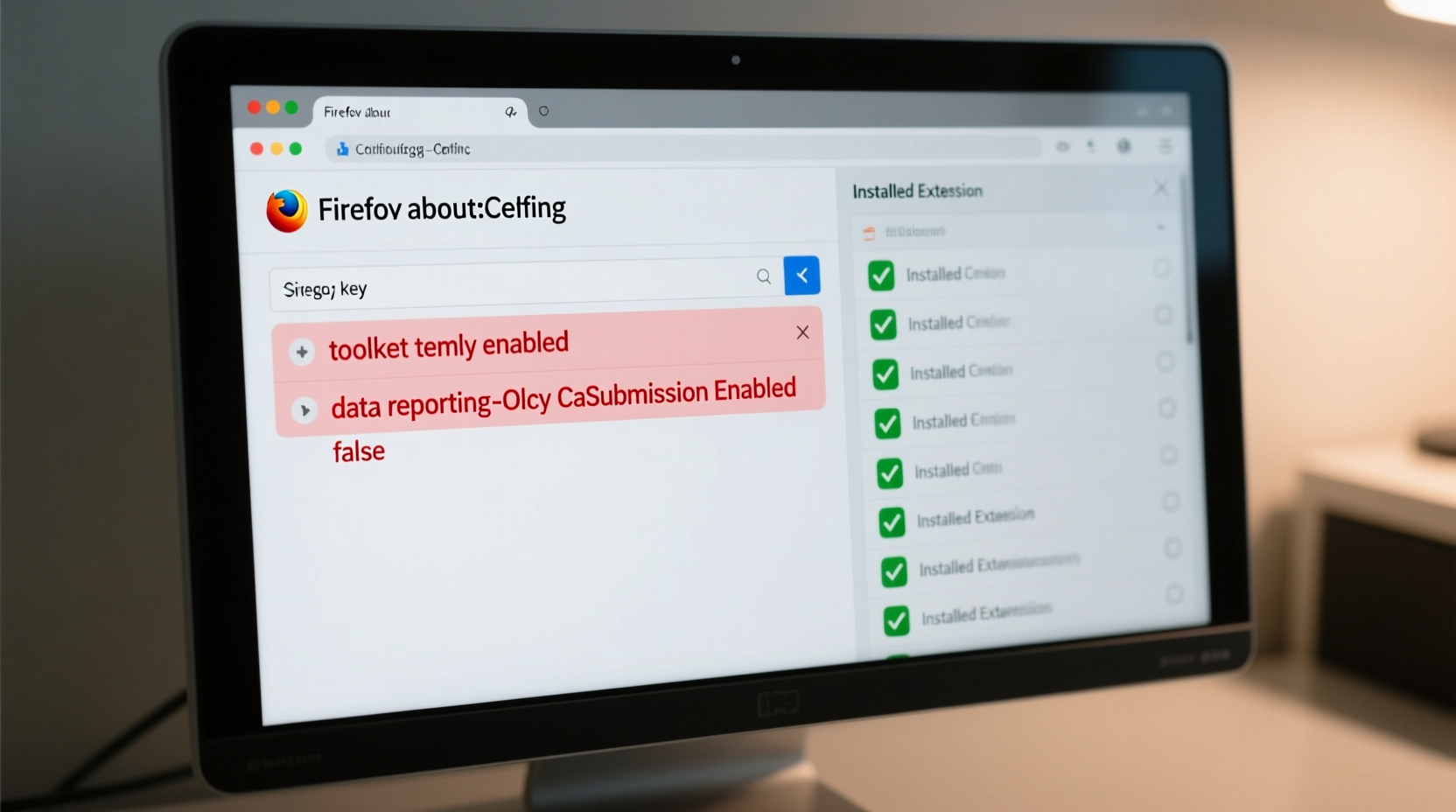 Screenshot of Firefox about:config interface with toolkit.telemetry.enabled and datareporting.policy.dataSubmissionEnabled highlighted in red as false values, next to a clean list of installed extensions functioning normally
