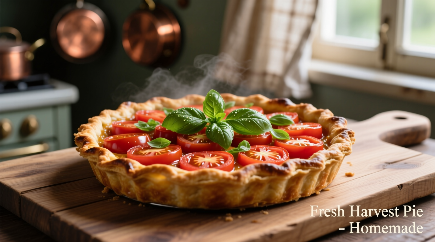 Tomato pie with fresh basil garnish on wooden board