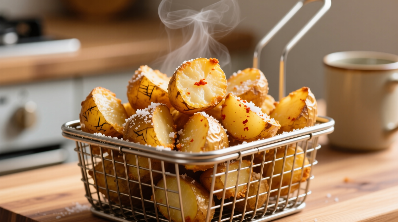 Crispy golden air fried potatoes in basket