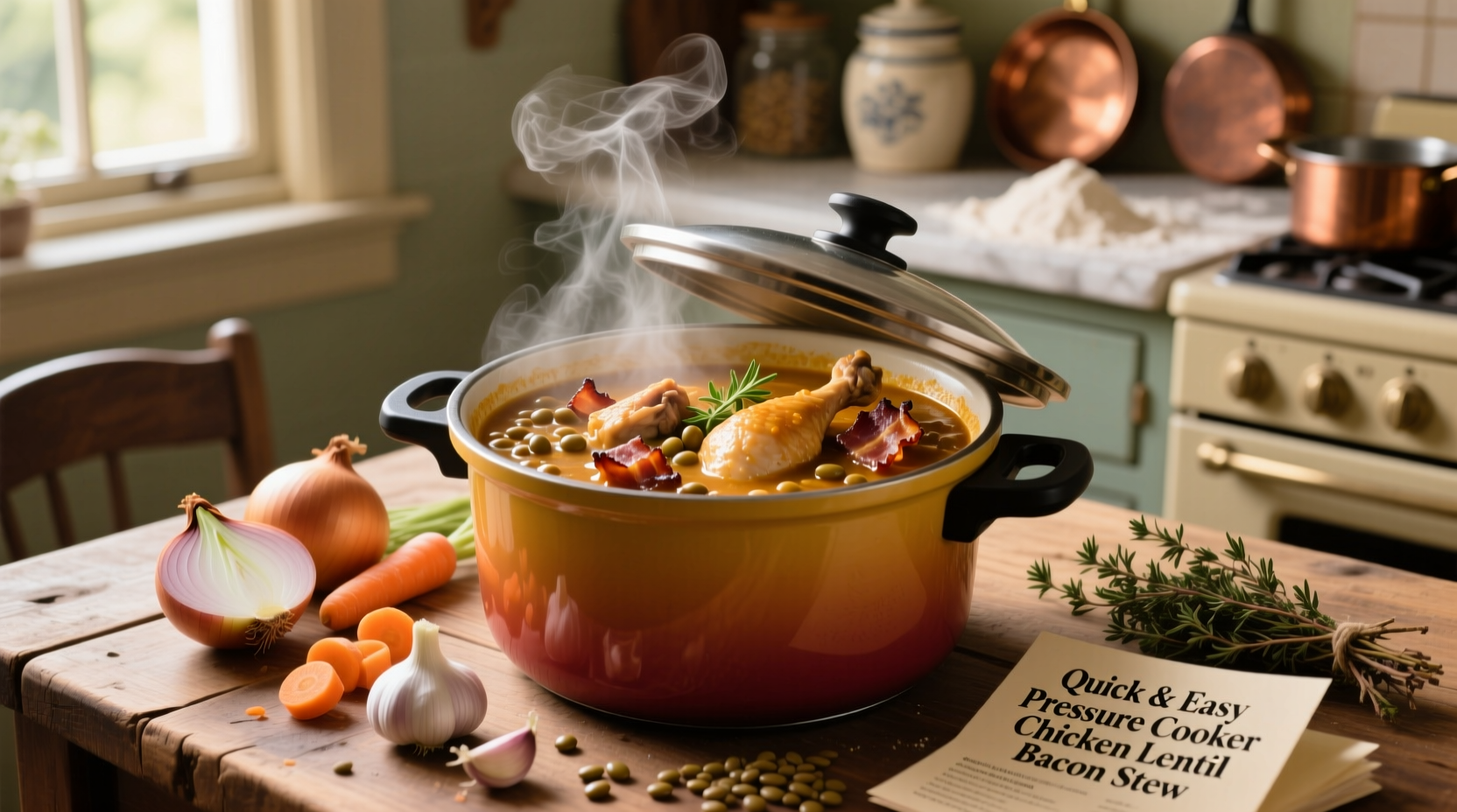 quick and easy pressure cooker chicken lentil bacon stew recipe
