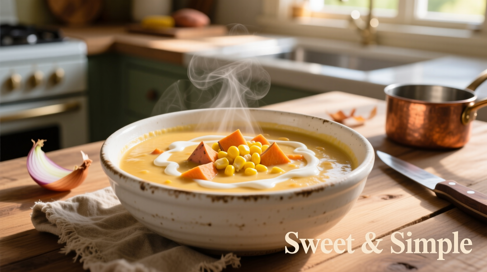 Creamy sweet potato corn chowder in white bowl