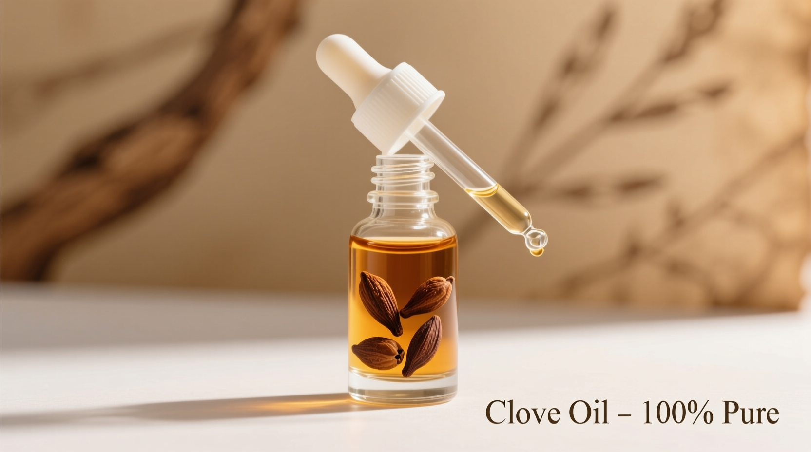 Clove oil bottle with whole cloves and measuring dropper