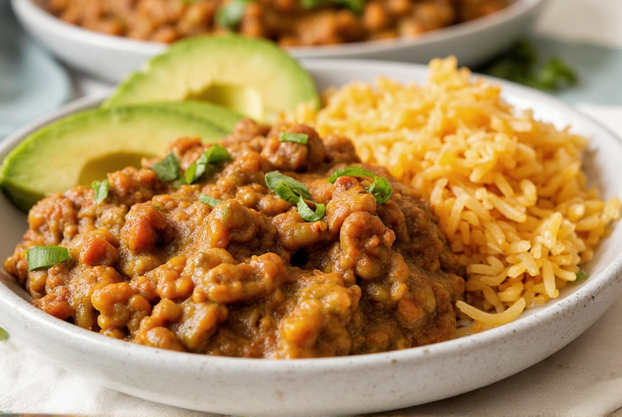 Serving presentation of Mexican rice with green chili casserole and avocado