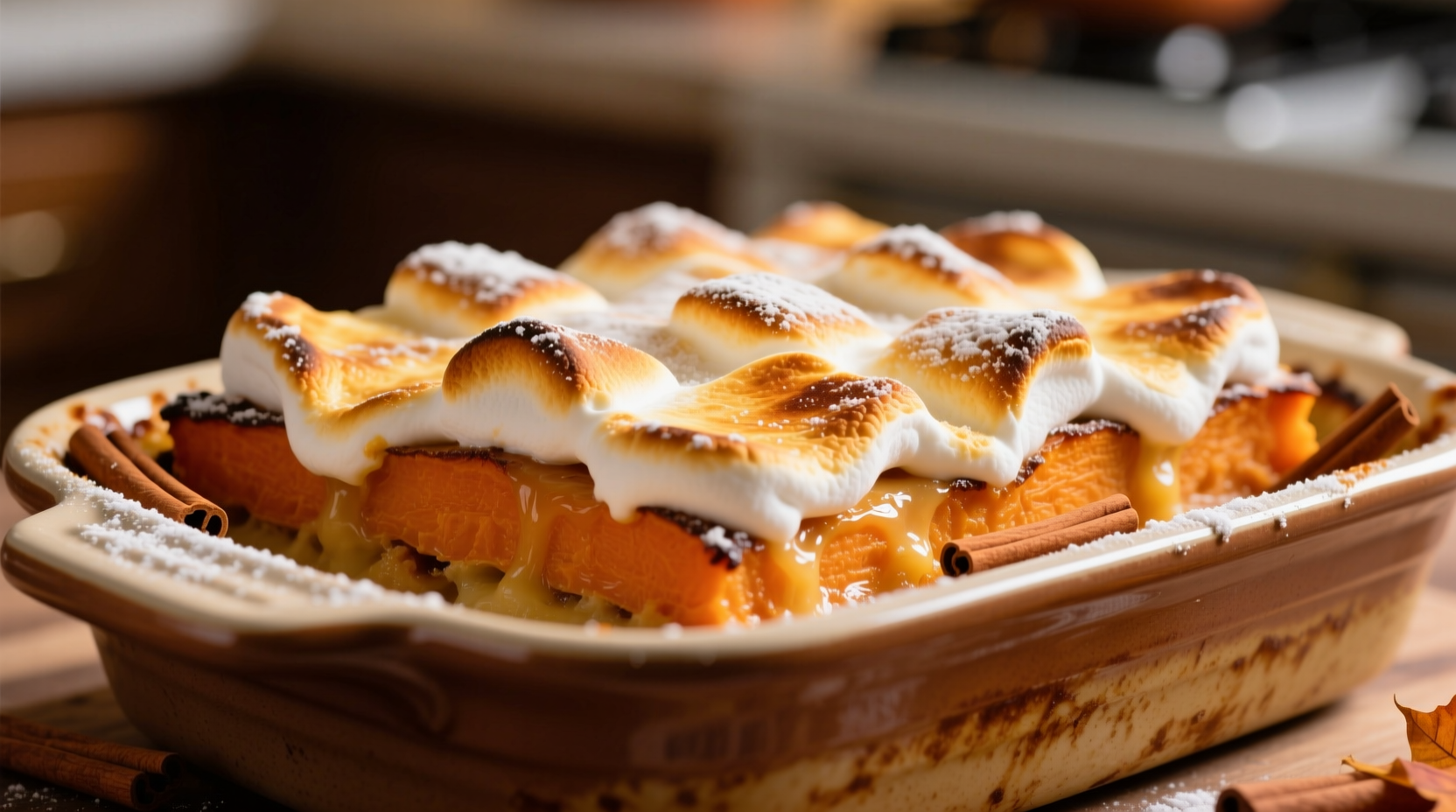 Golden baked sweet potato casserole with toasted marshmallow topping