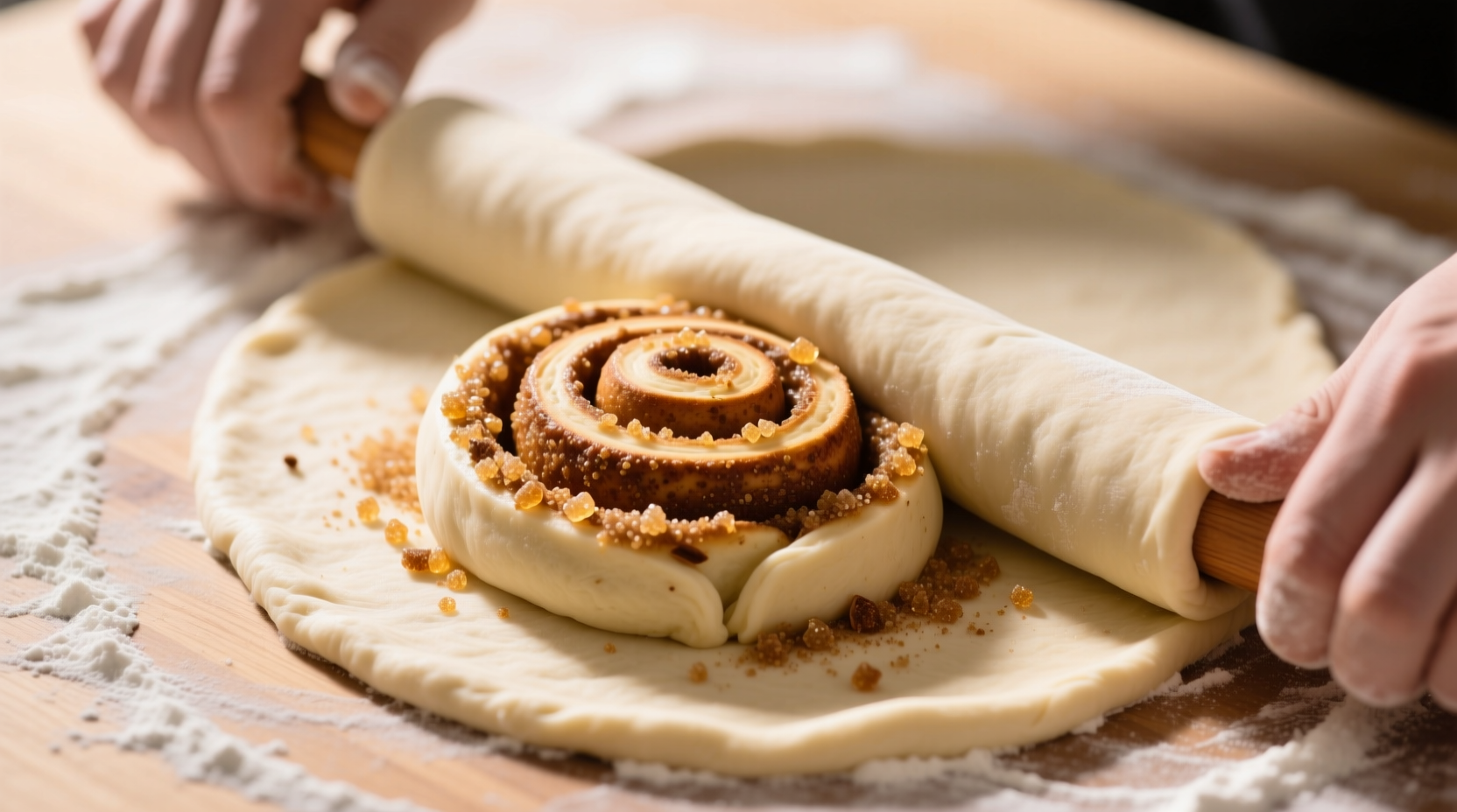 Close-up of cinnamon roll dough being rolled with cinnamon-sugar mixture showing even distribution