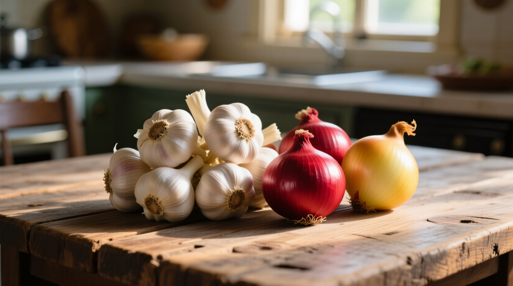 Fresh garlic bulbs next to red and yellow onions on wooden table