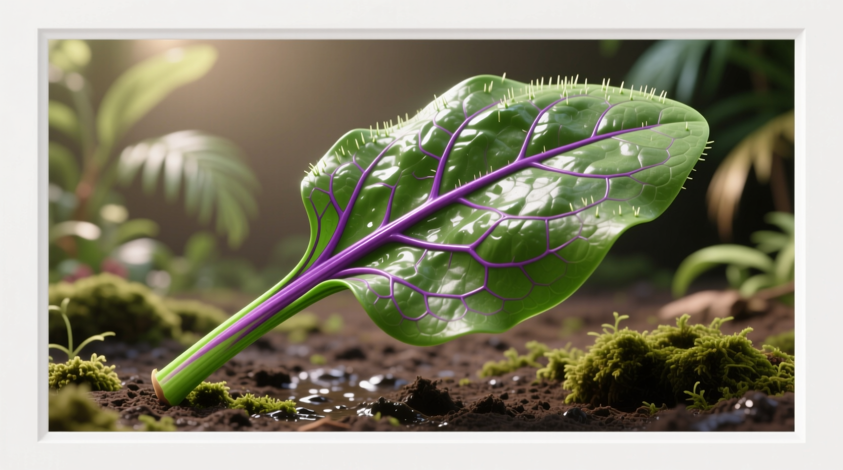 Okinawa spinach leaves on green stem with purple veins