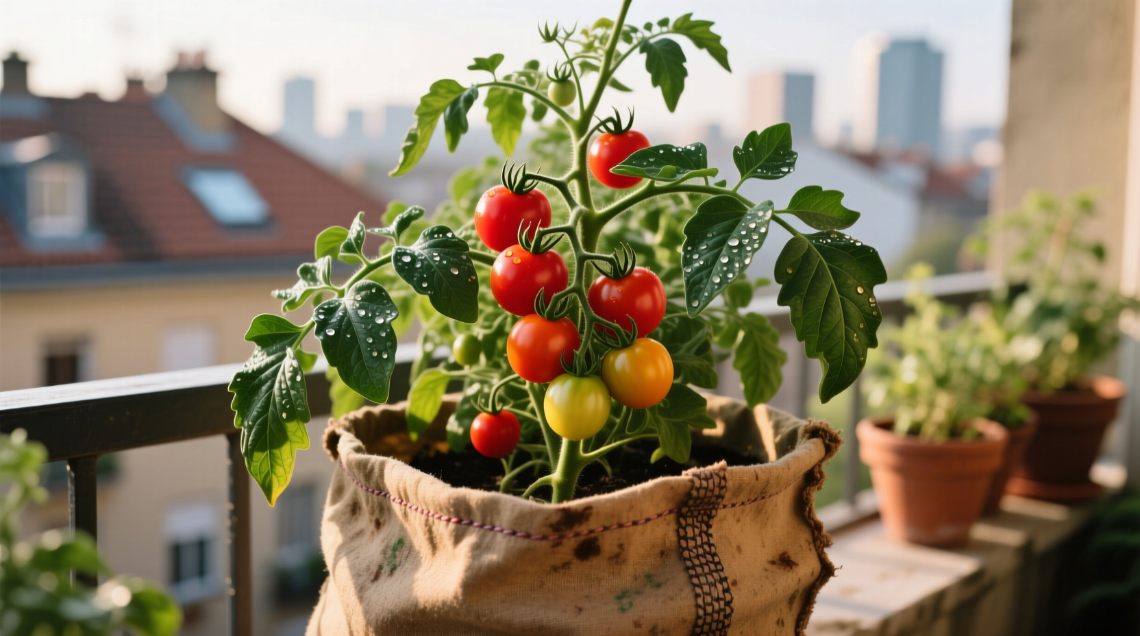 Tomato plant thriving in fabric grow bag container