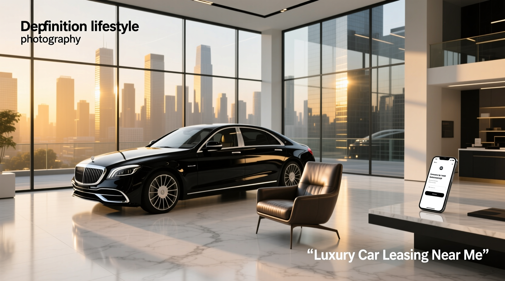 A luxury sedan parked outside a leasing office with 'Available Now' signage