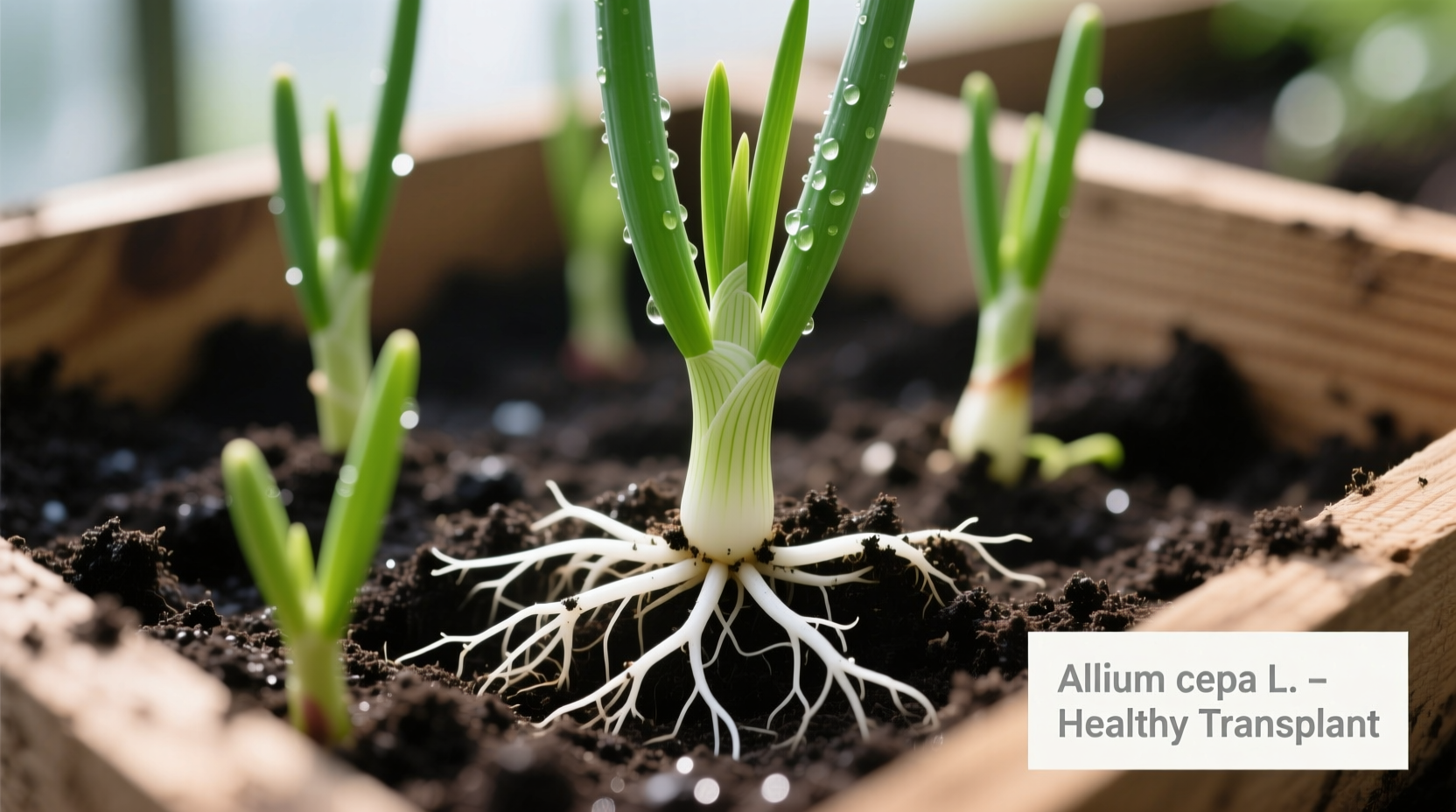Healthy onion transplants showing white roots and green shoots