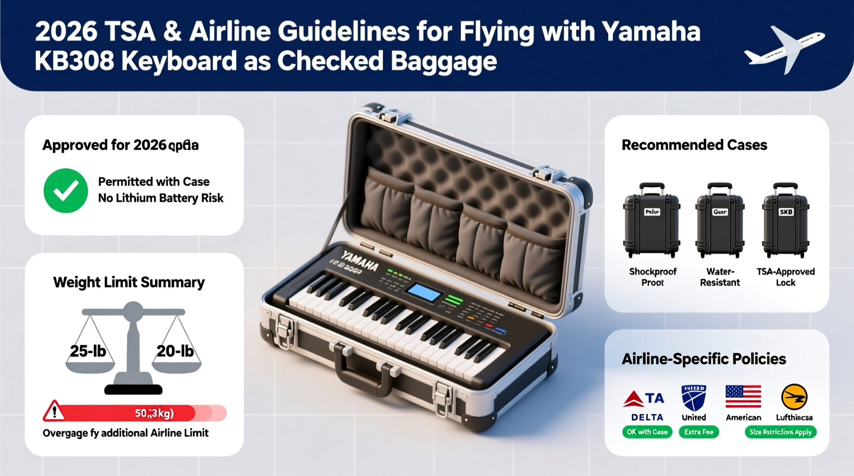 Can you safely fly with Yamaha KB308 as checked baggage in 2026? — TSA rules, weight limits, case recommendations & airline-specific policies