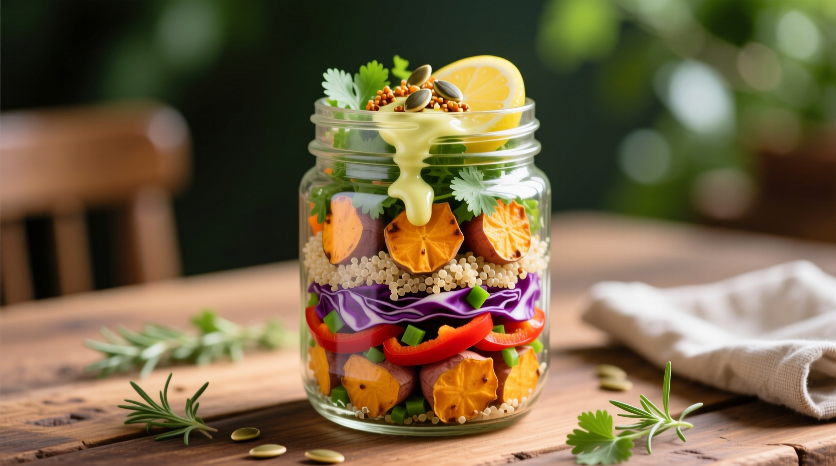 Colorful quinoa and sweet potato salad in glass container