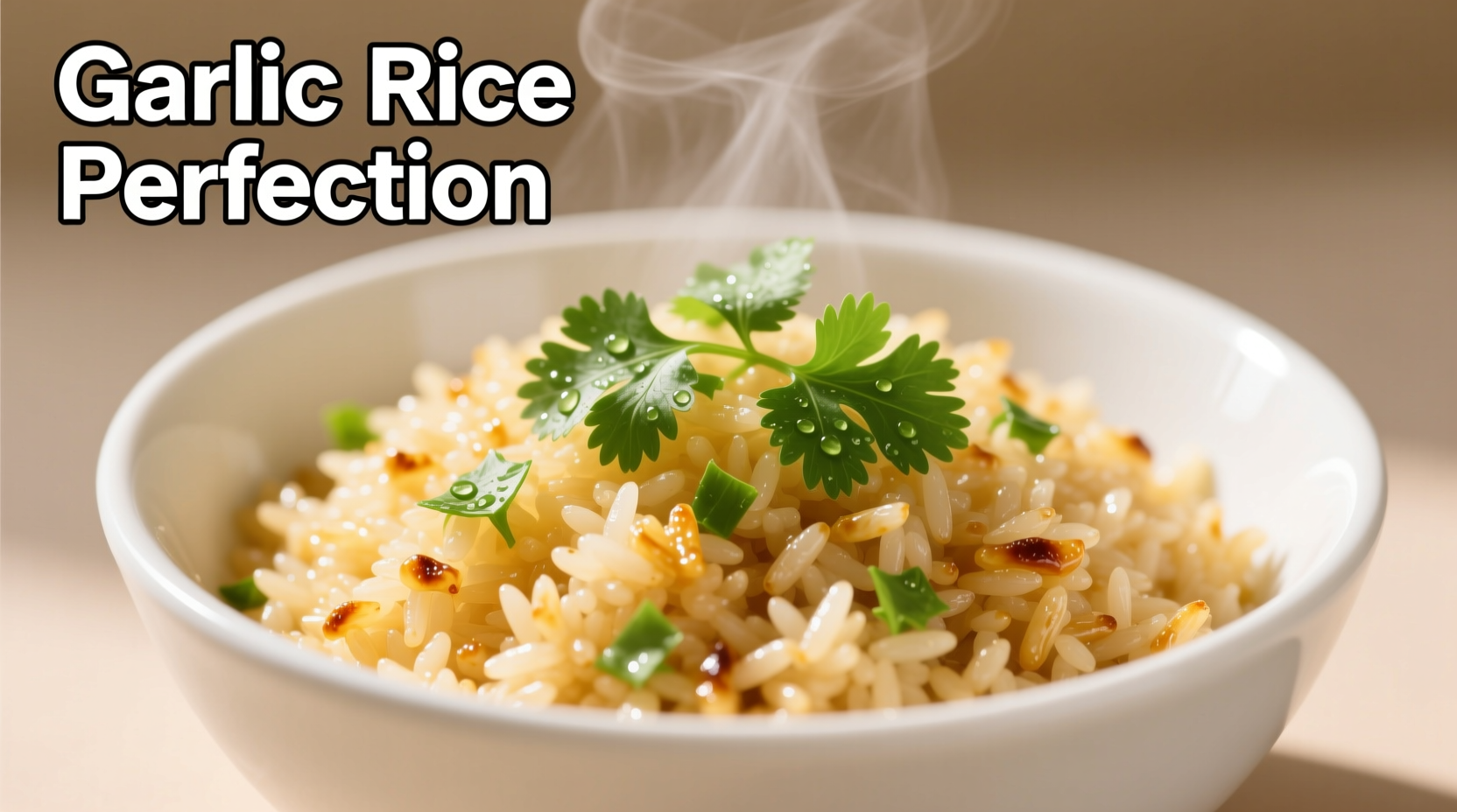 Perfectly cooked garlic rice in white bowl with fresh cilantro