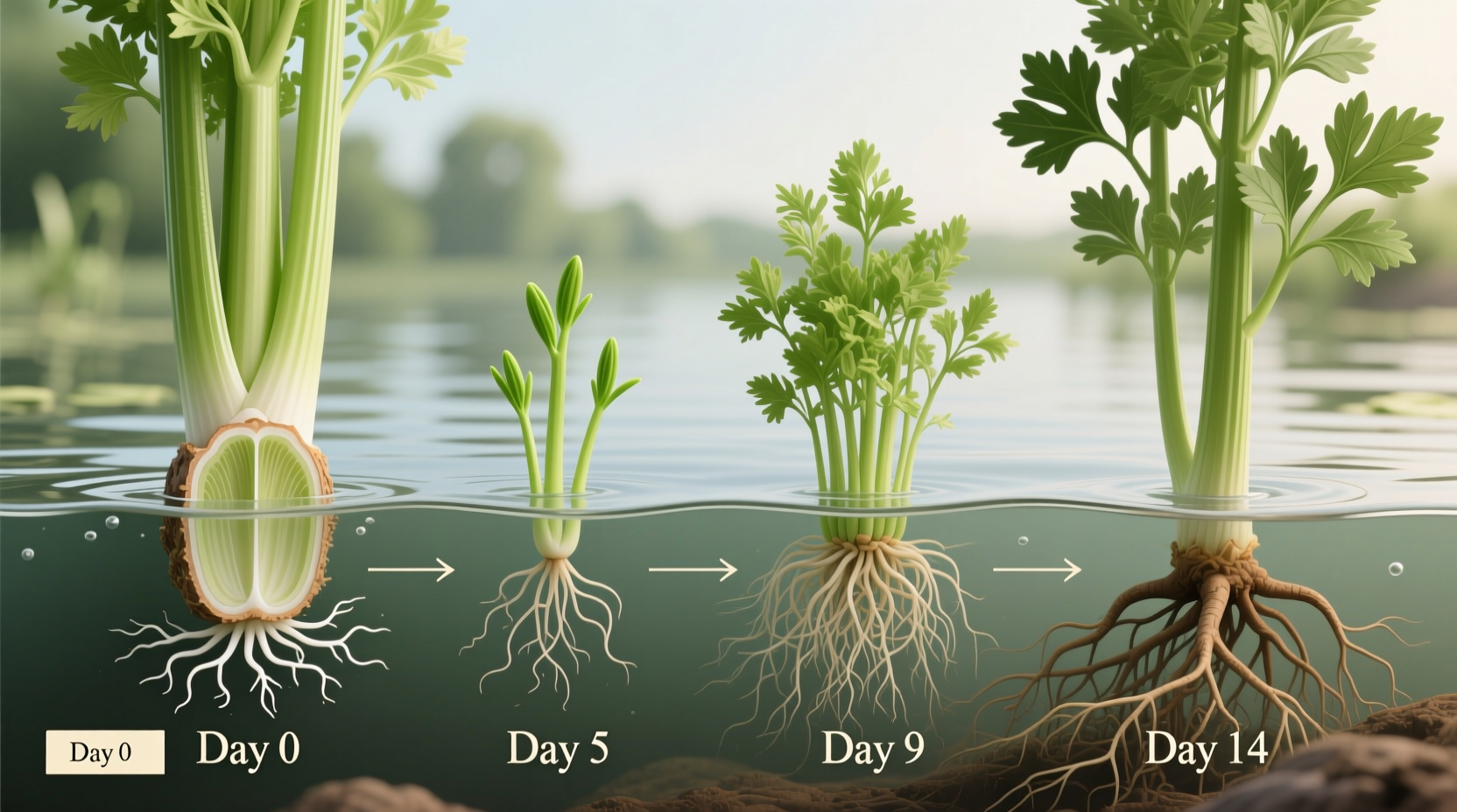 Celery regrowth stages in water