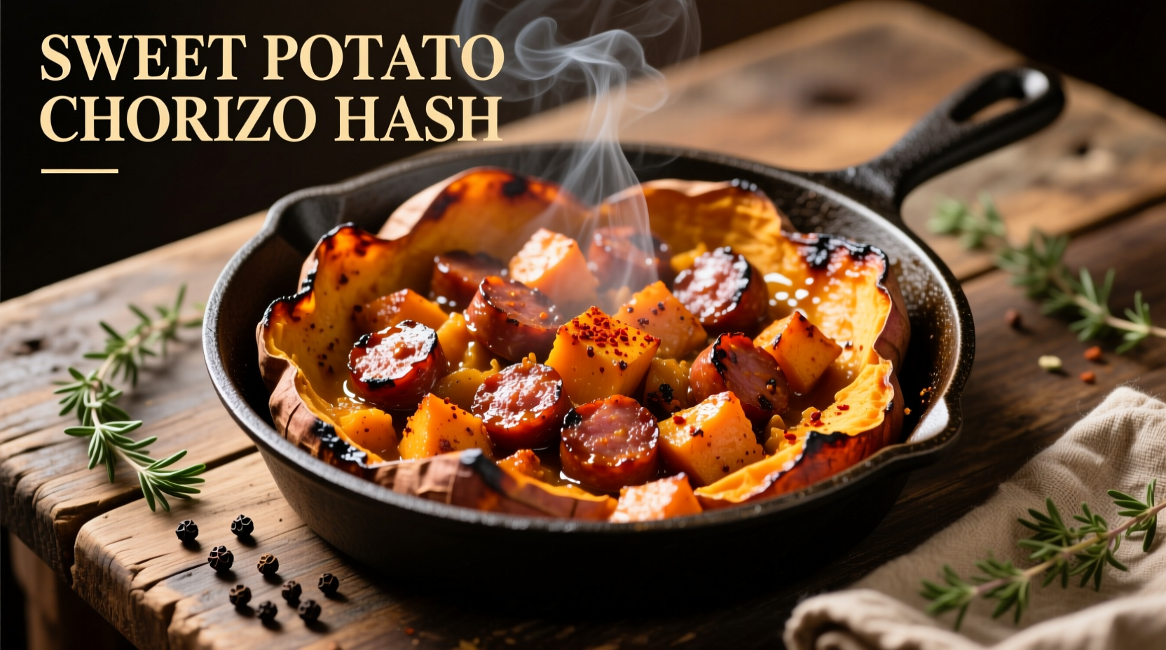 Perfectly caramelized sweet potato chorizo hash in cast iron skillet