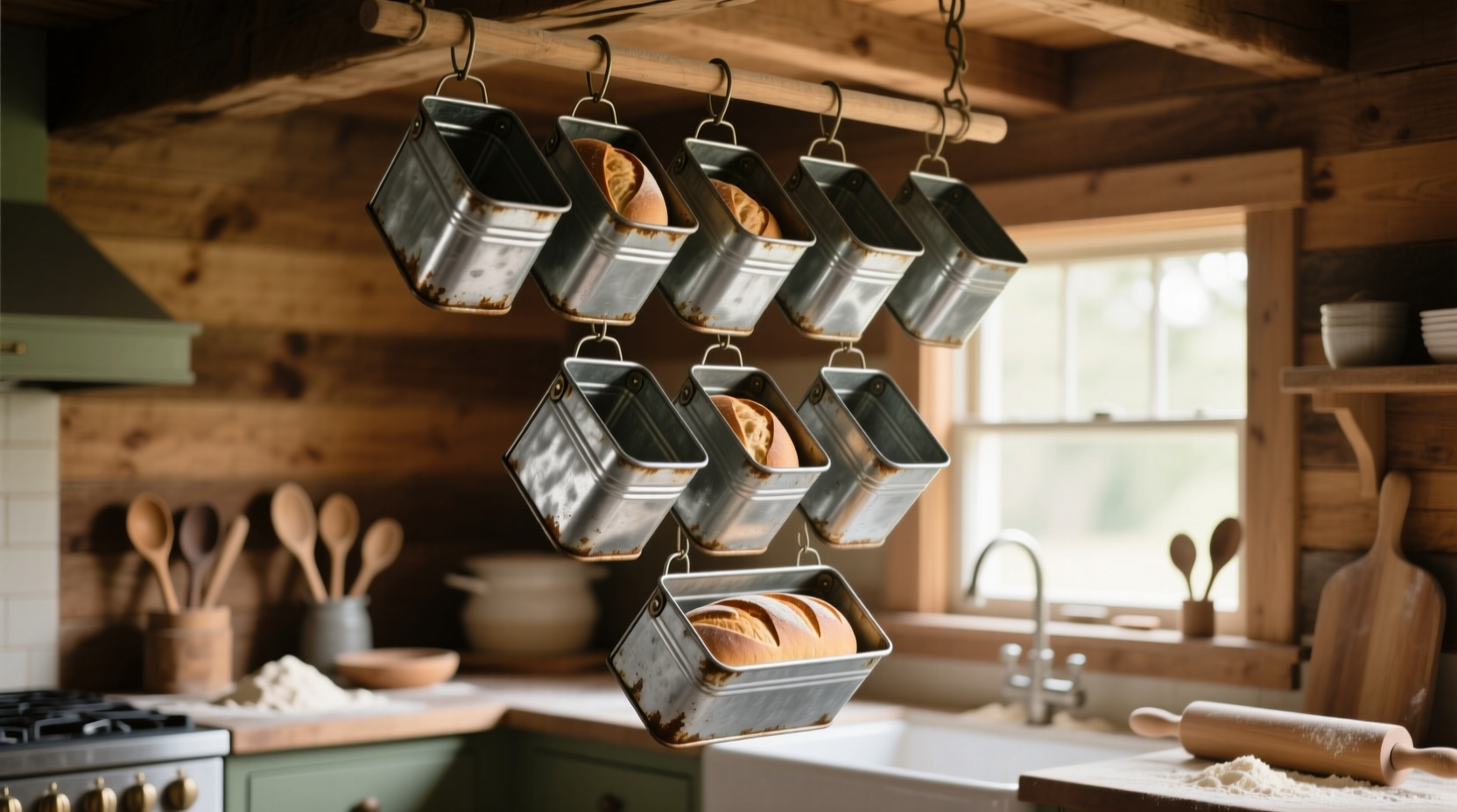 make a hanging storage space with bread loaf tins
