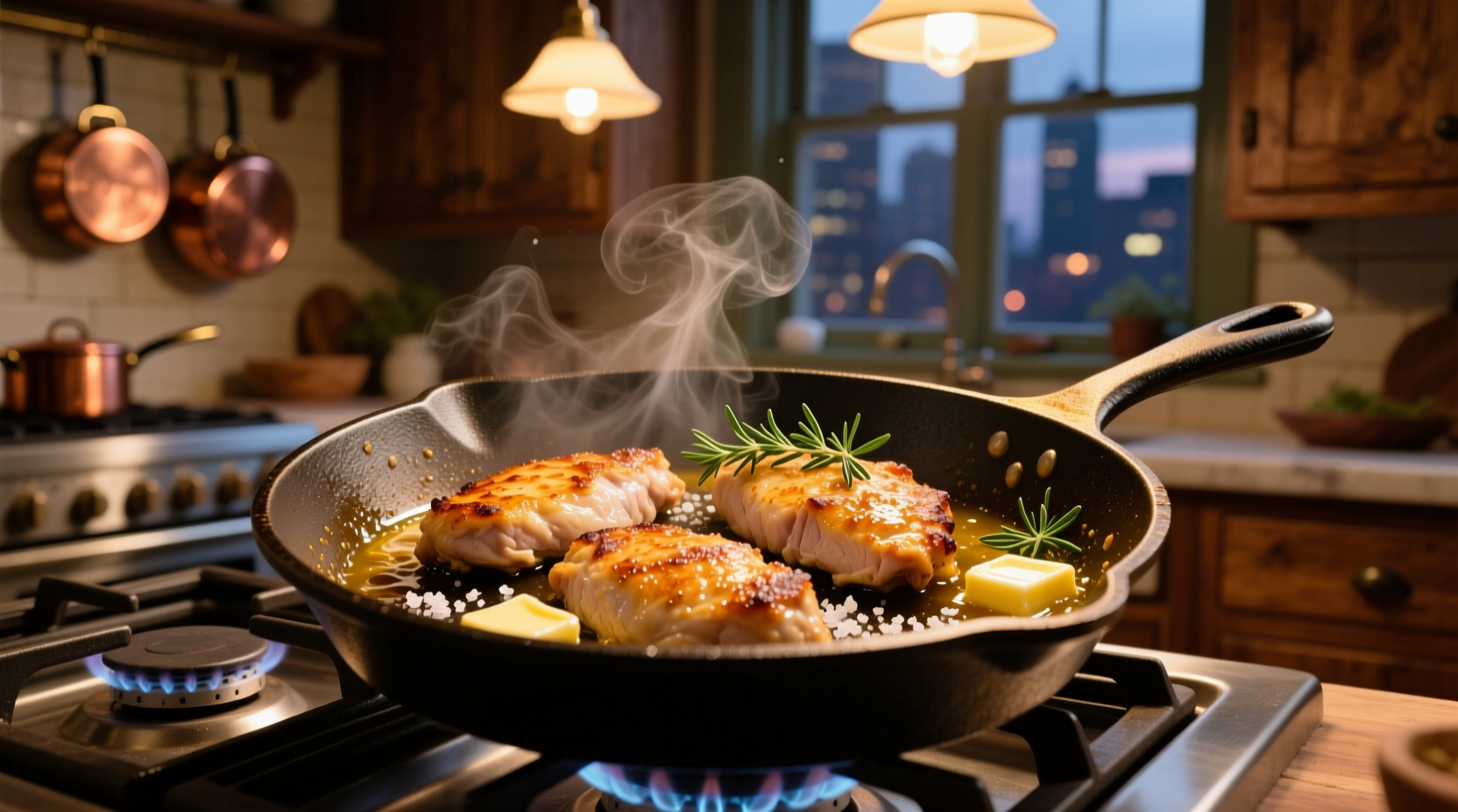 Perfectly cooked golden chicken cutlets on stove