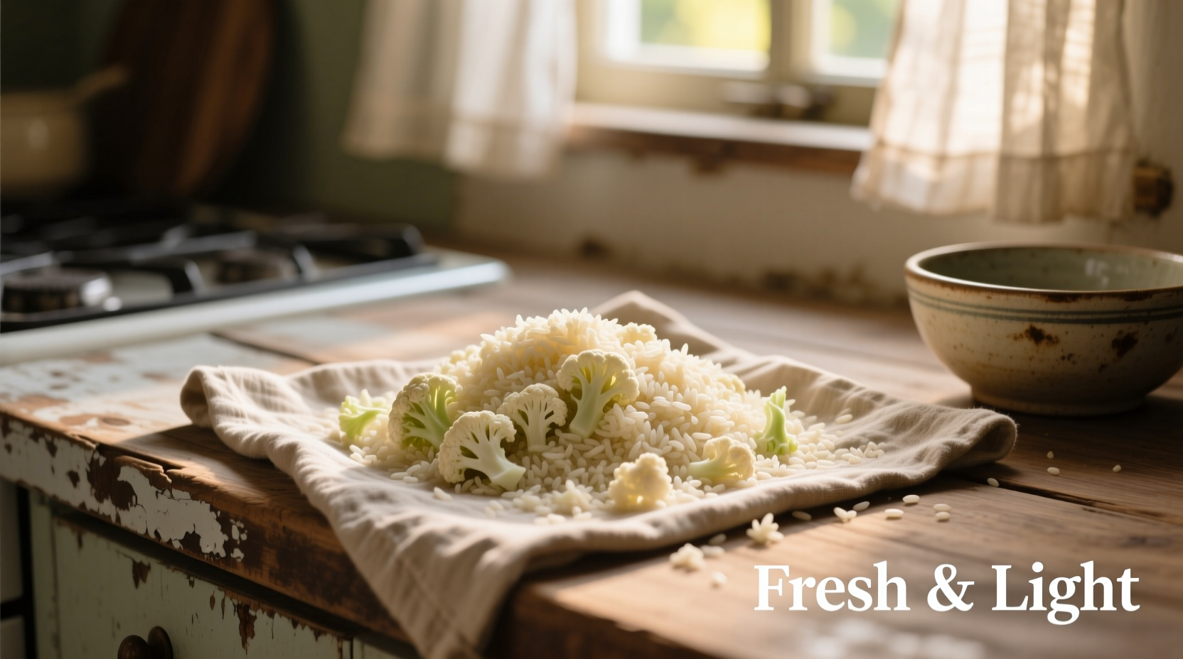 Cauliflower rice drying on kitchen towel