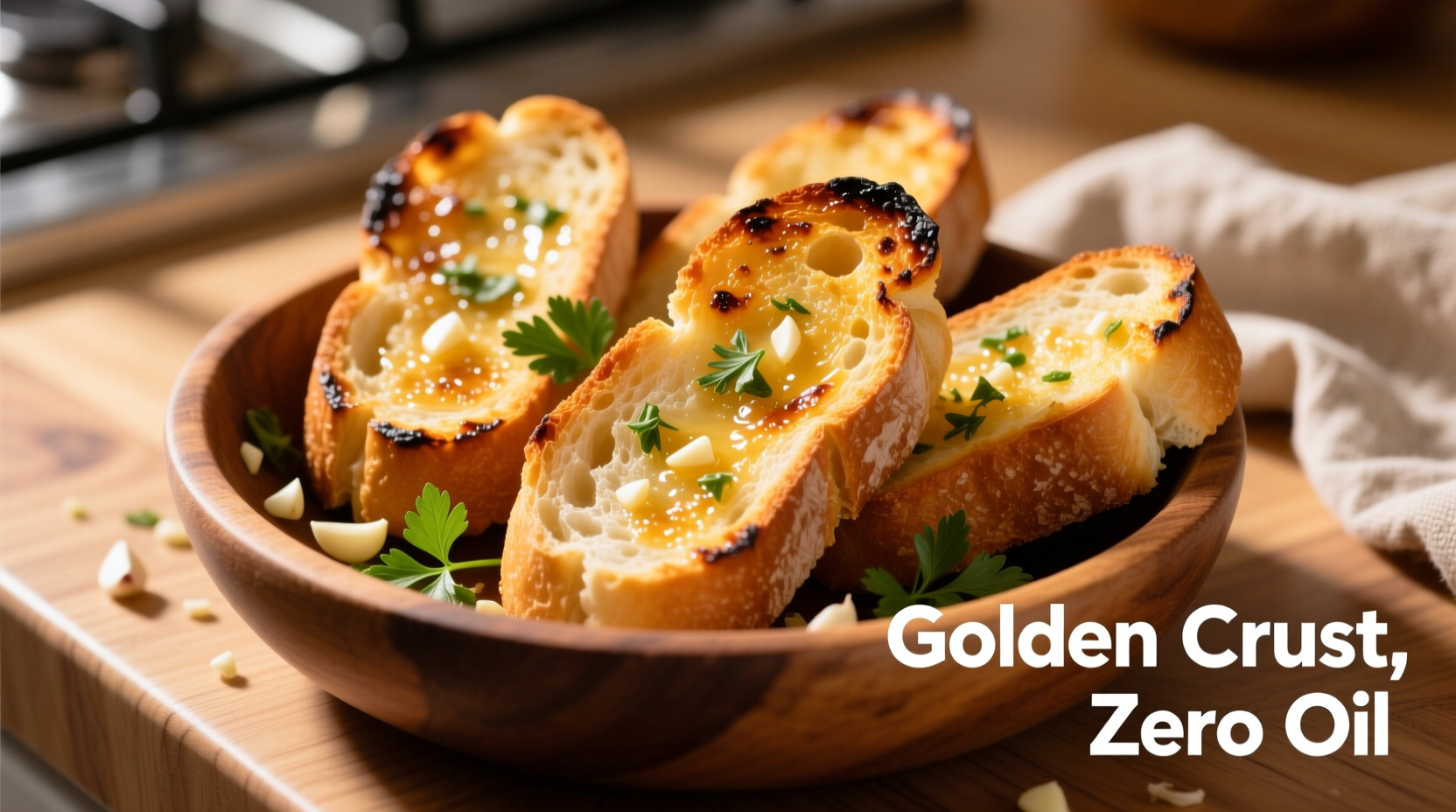 Golden air fried garlic bread slices
