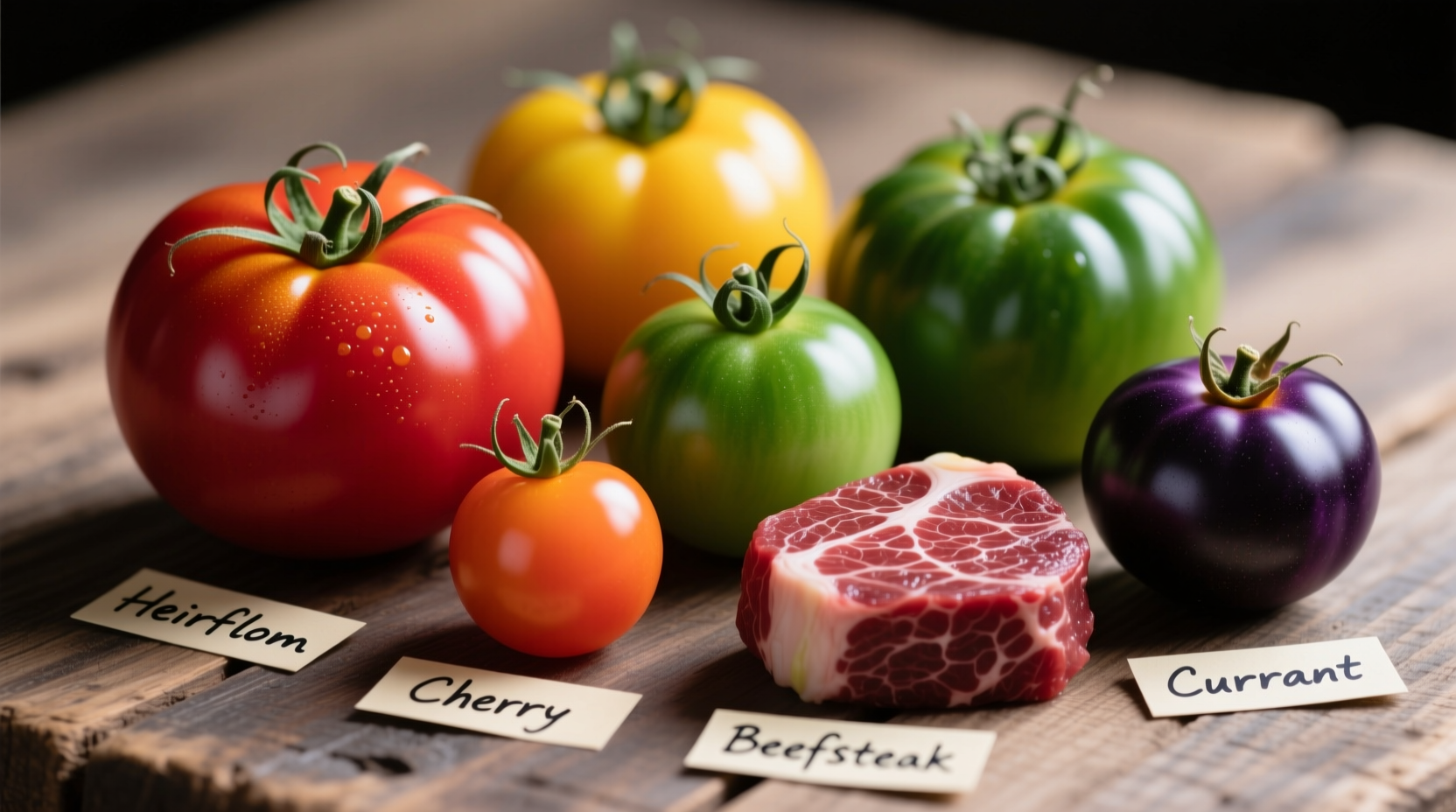 Close-up of various tomato varieties showing color differences