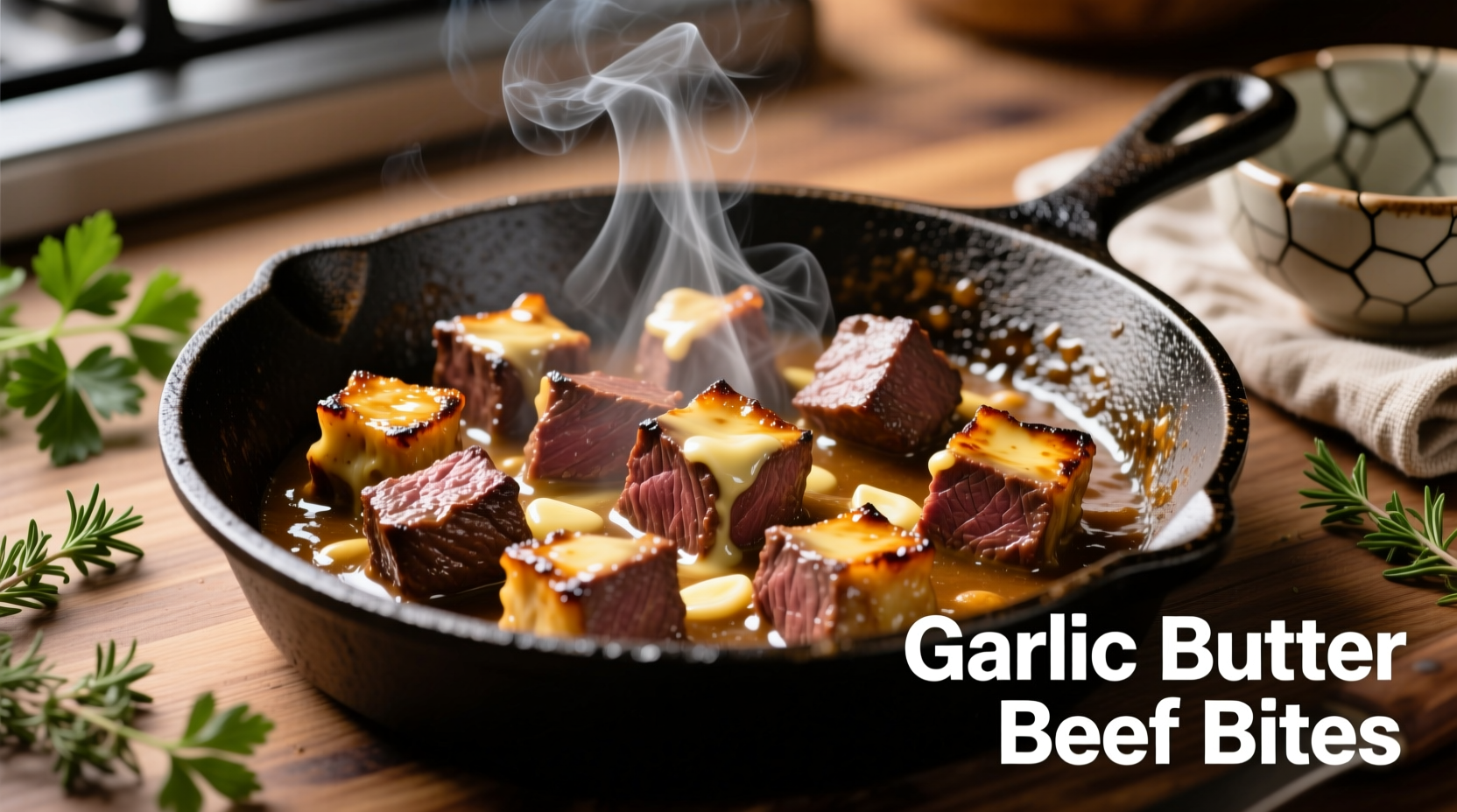 Sizzling garlic butter beef bites in cast iron skillet