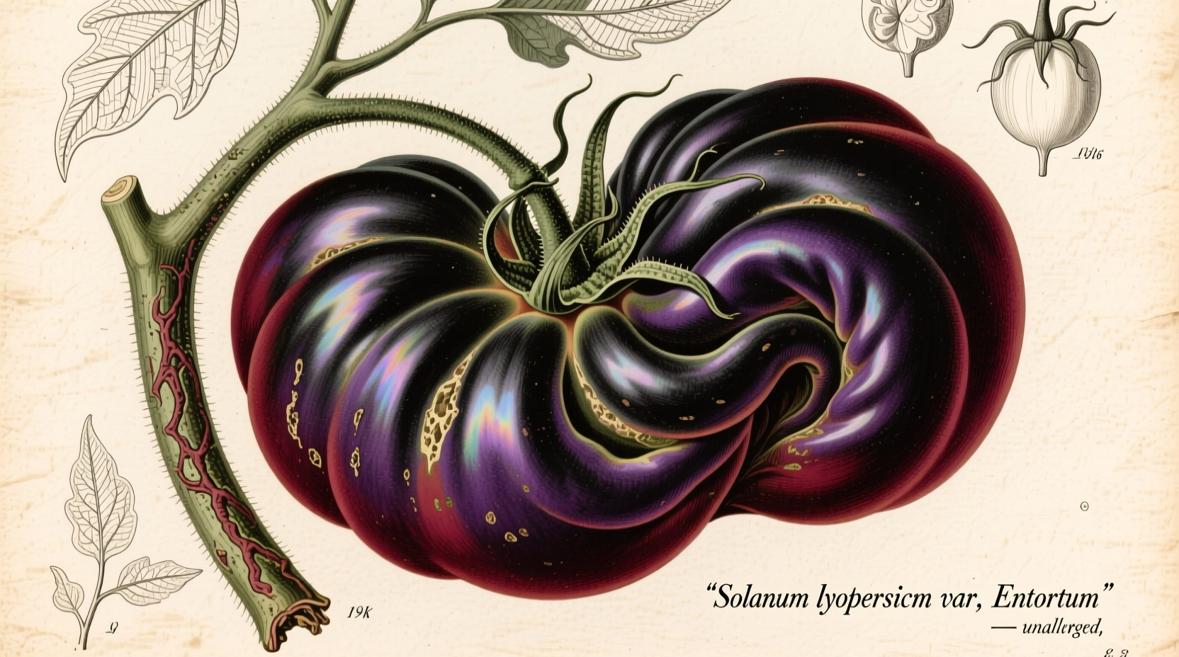 Twisted tomato variety showing distinctive contorted shape and purple-black color
