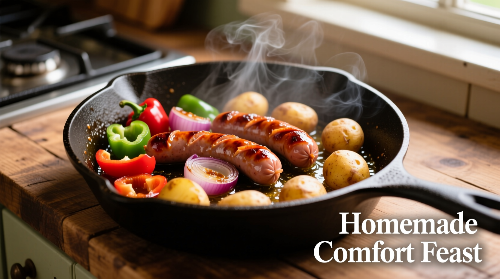 Sizzling sausage with onions, peppers and potatoes in cast iron skillet