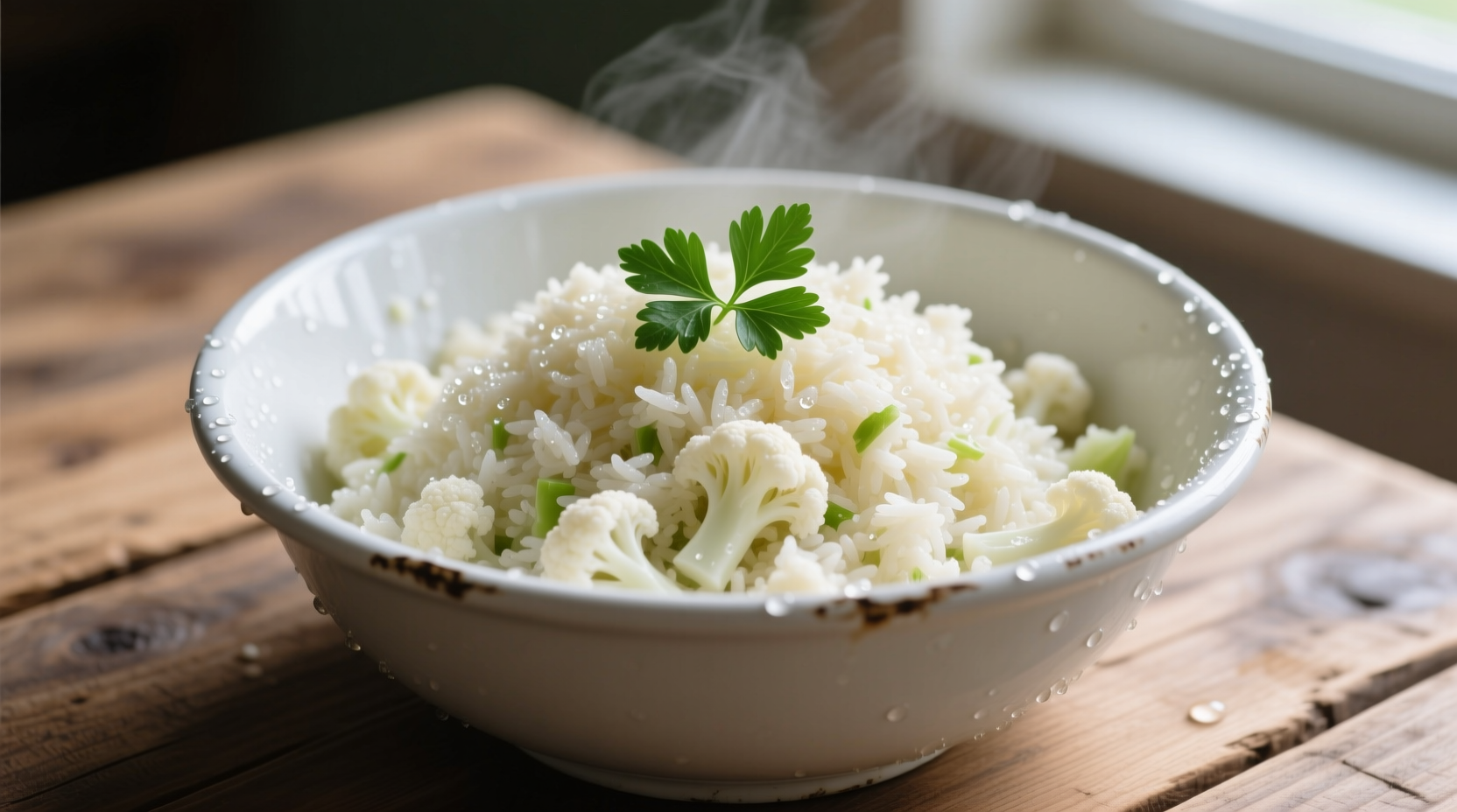 Fresh cauliflower rice in mixing bowl