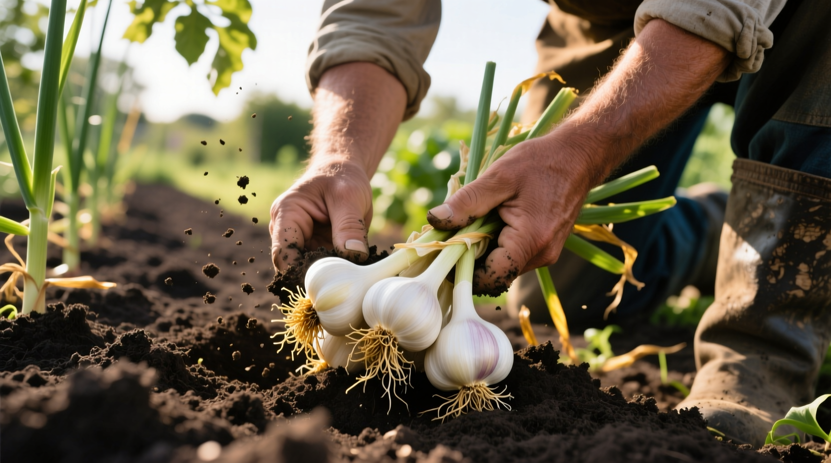 Gardener carefully harvesting mature garlic bulbs from garden soil