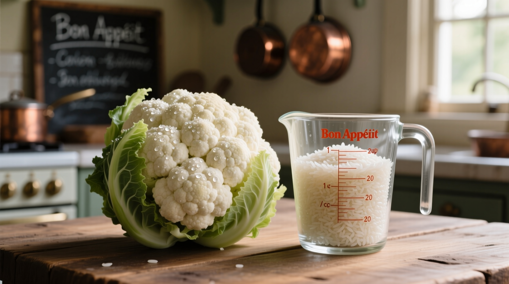 Cauliflower head next to measuring cup of rice
