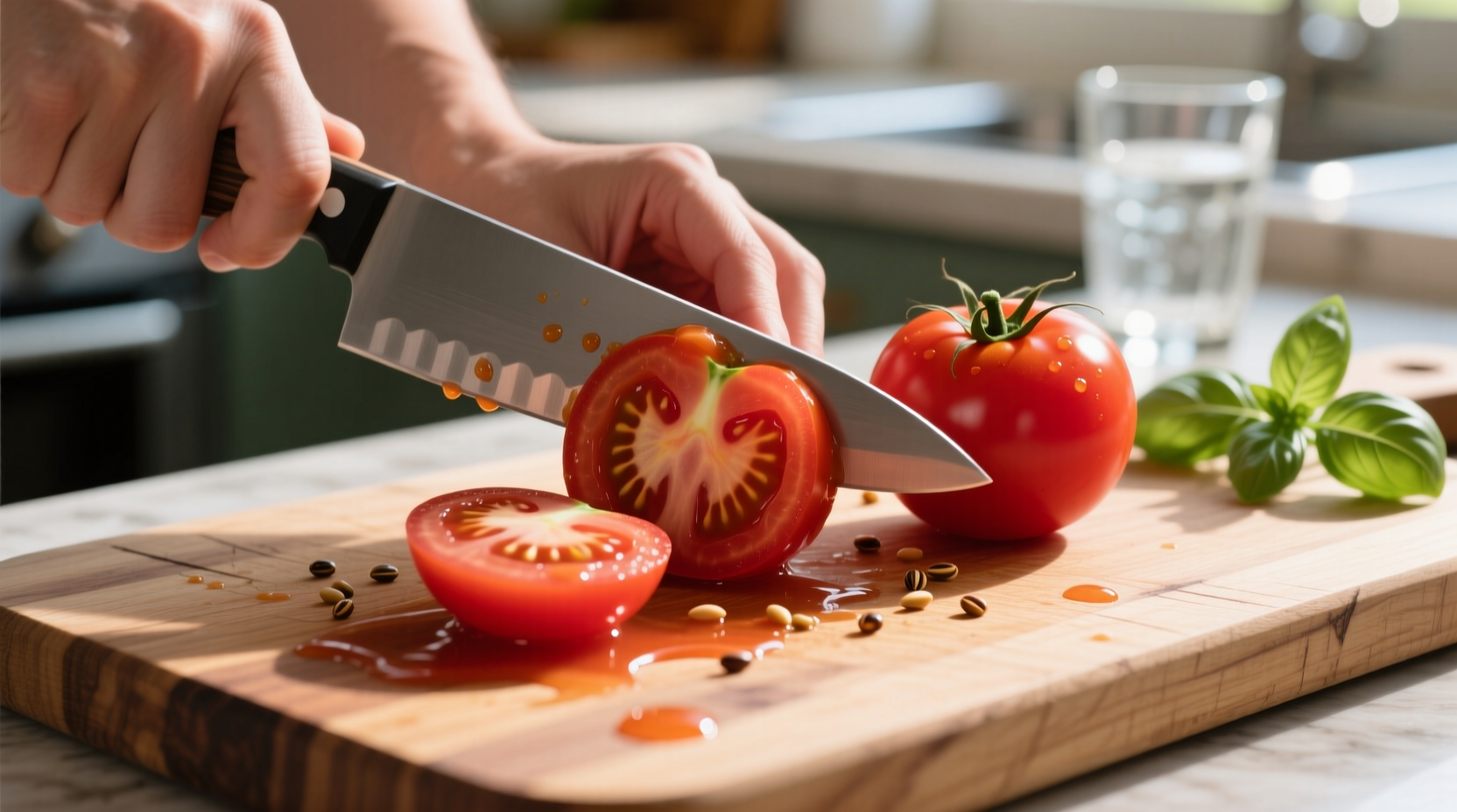 Fresh tomatoes being chopped on cutting board