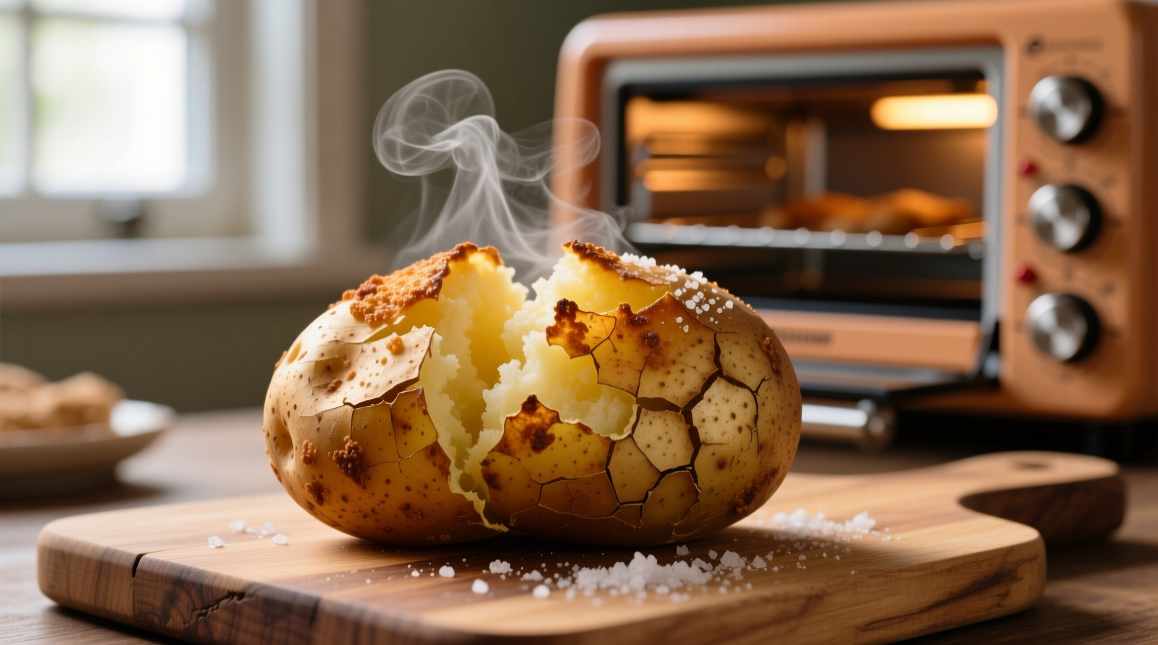 Perfectly baked potato with crispy skin in toaster oven