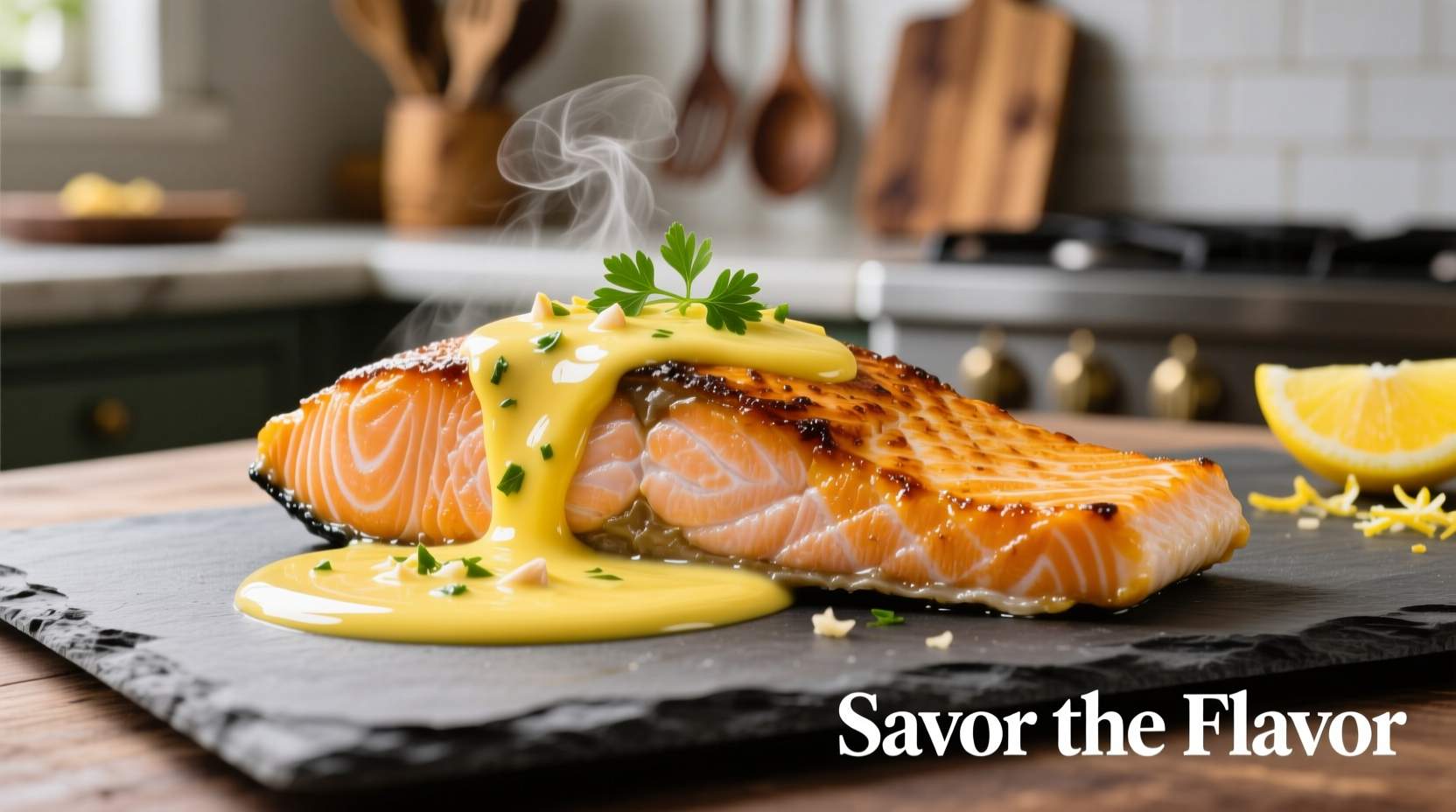 Lemon butter garlic sauce drizzled over grilled salmon