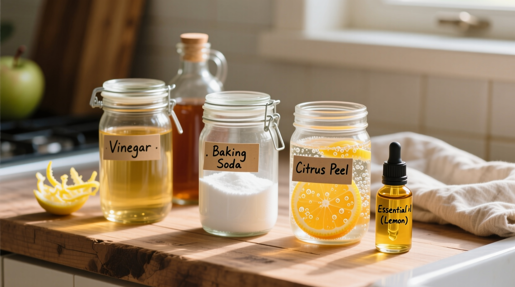 Homemade produce wash ingredients in glass jars