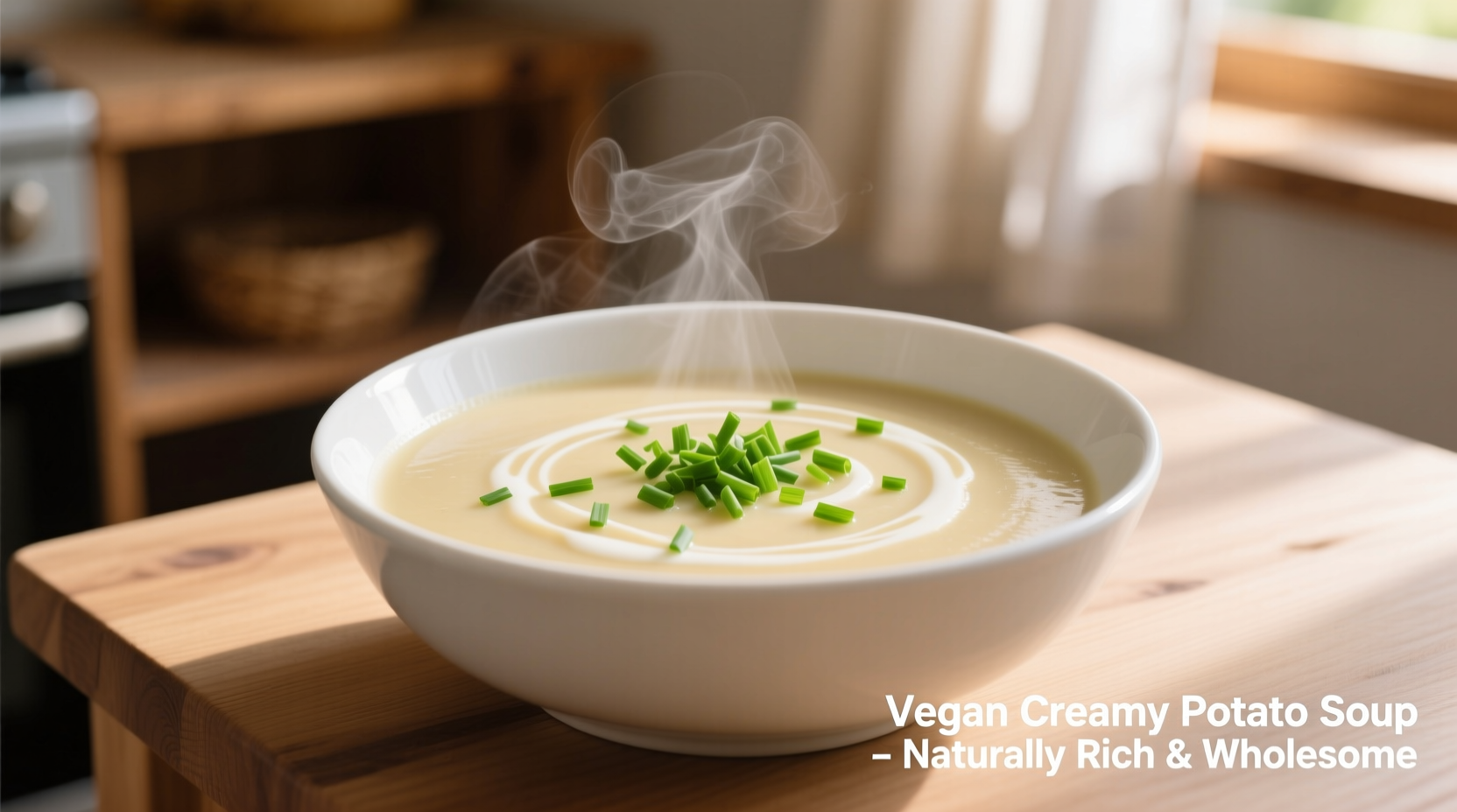 Vegan creamy potato soup in white bowl with chives